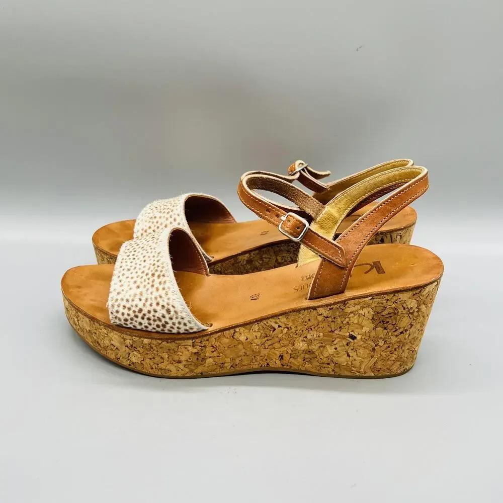 K Jacques St Tropez Sandals Womens 9 Brown Leather Cork Platform Wedge Shoes